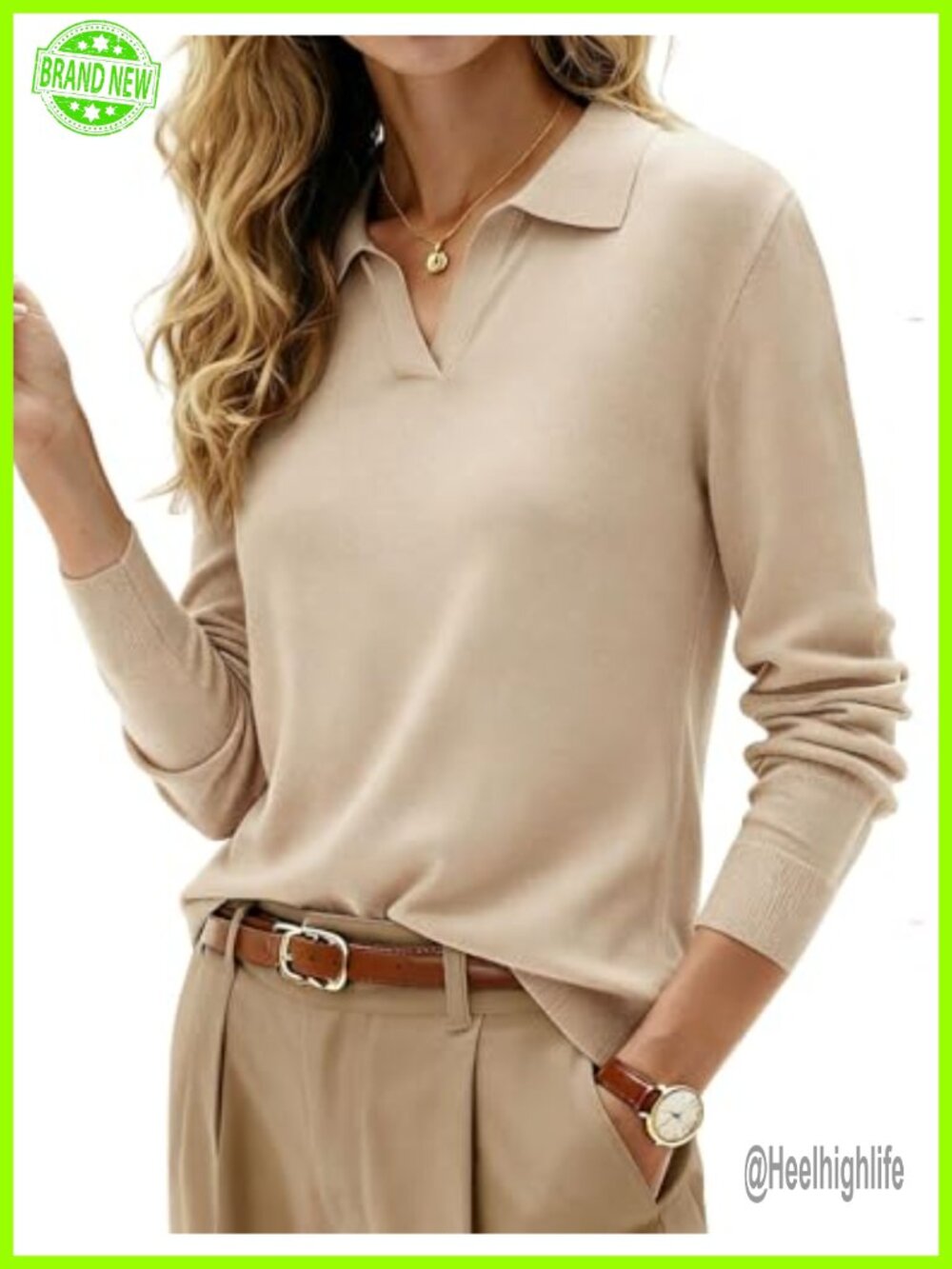 Wool Blend V-Neck Polo Collar Sweater Long Sleeve Pullover